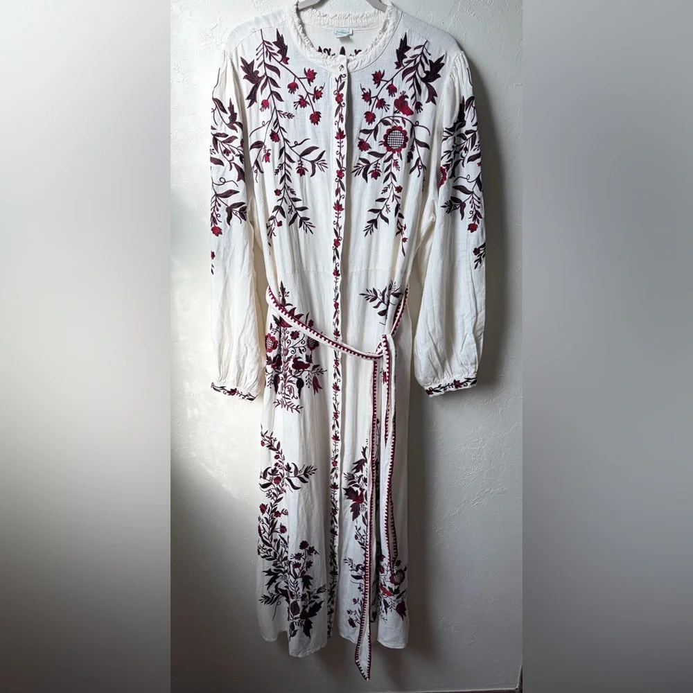 Sundance White Burgundy Embroidered Maxi Dress Tie Waist Boho Cottagecore XL - Picture 4 of 16